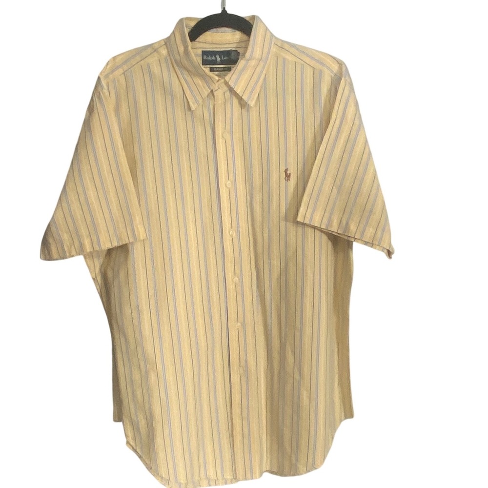 Ralph Lauren Mens Classic Fit‎ Short Sleeve Oxford Shirt Yellow Blue Stripe L